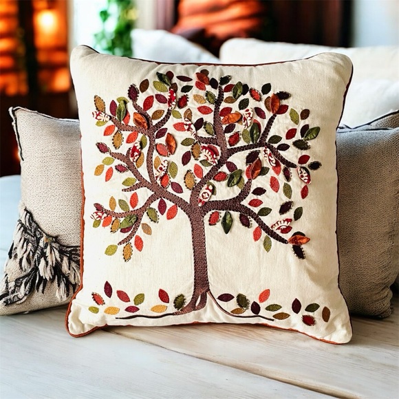 Pier 1 Imports Tree of Life Beaded Embroidery Rust Green Throw Pillow Home Decor - Picture 1 of 10